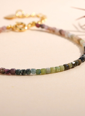 天然彩碧玺手链女小众原创设计2mm小米珠极细碧玺手串饰品礼物