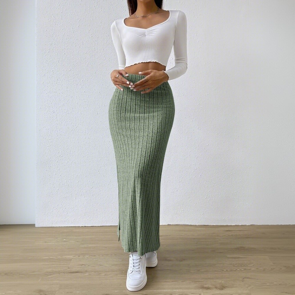Elegant High Waisted Midi Skirt Simple Design Side Slit Slim Fit Spring Summer Womens Fashion Wholesale Available
