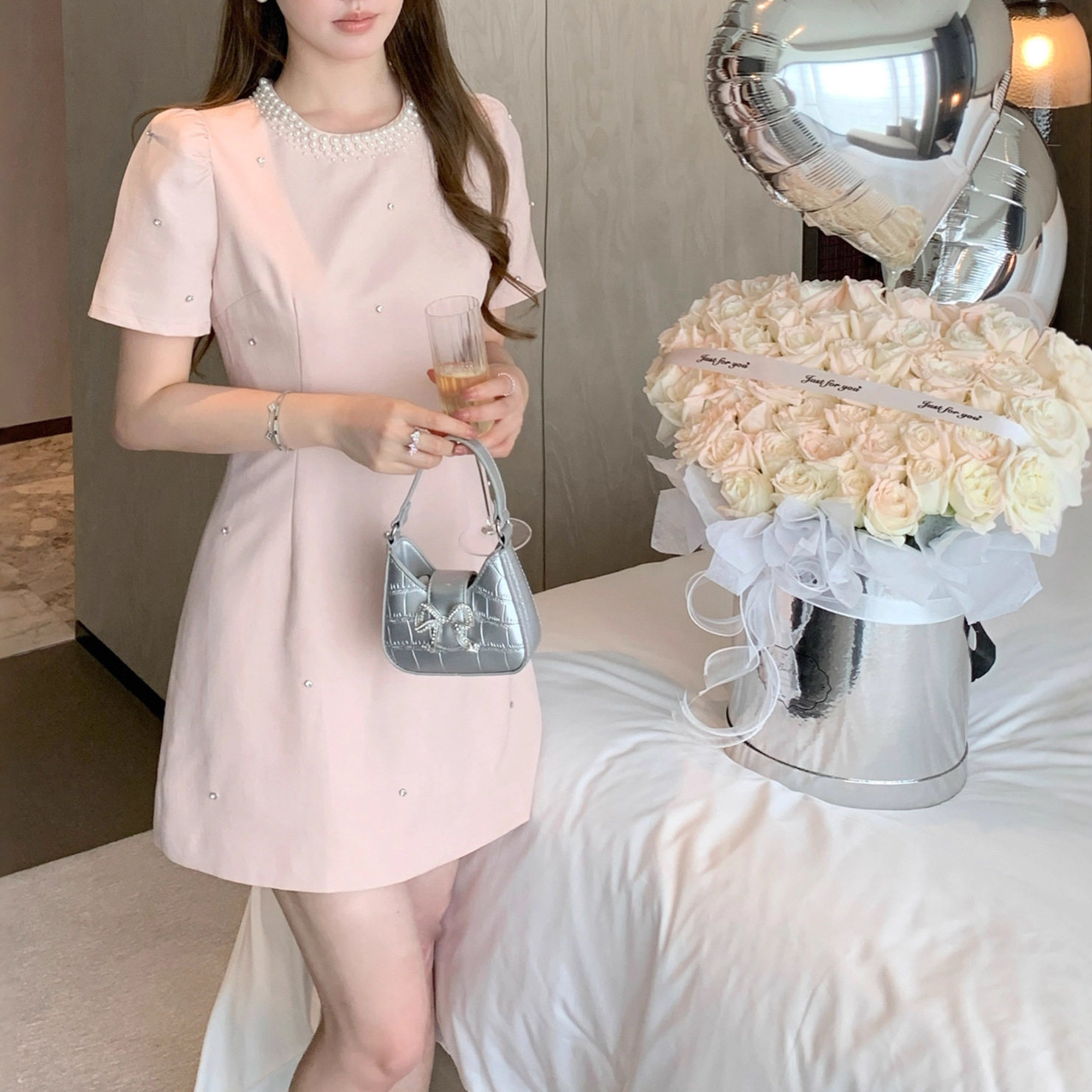 Đầm maxi nữ thắt eo cổ tròn tay ngắn họa tiết 3D — Hồng
