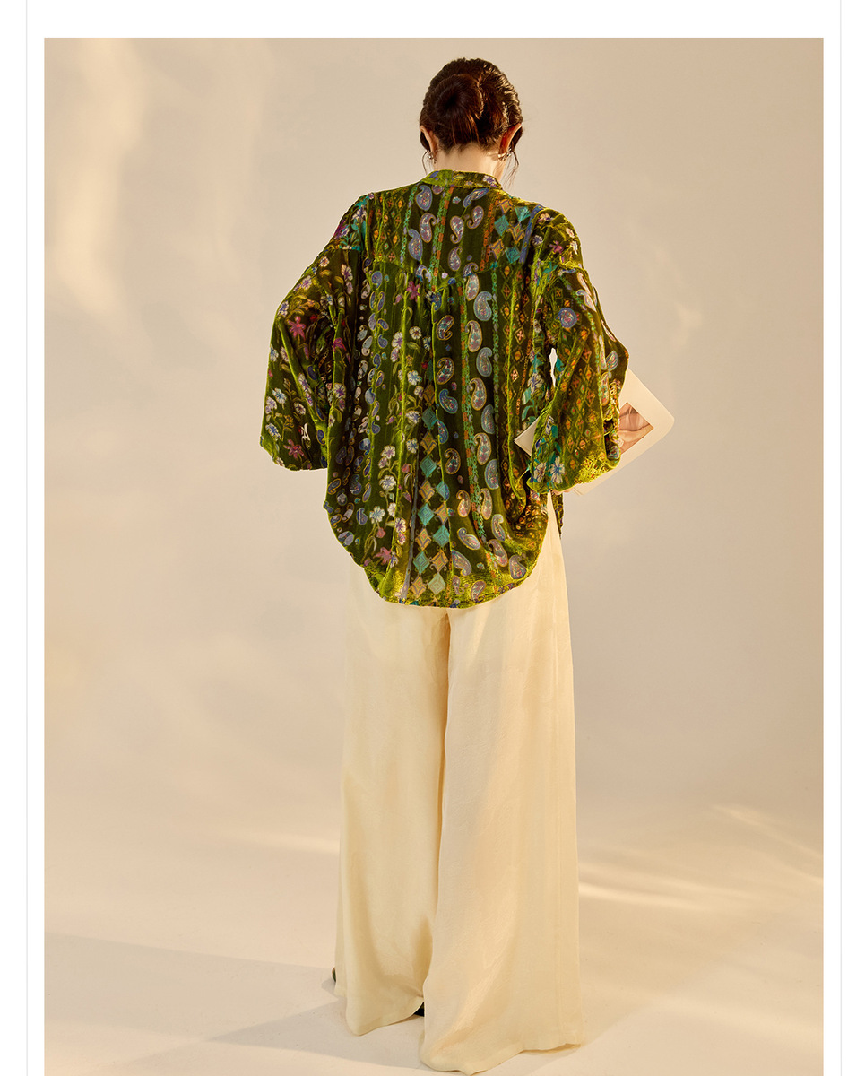 Quần dài ống rộng nữ họa tiết jacquard lụa tơ nhân tạo — Màu trắng nhạt, màu vàng