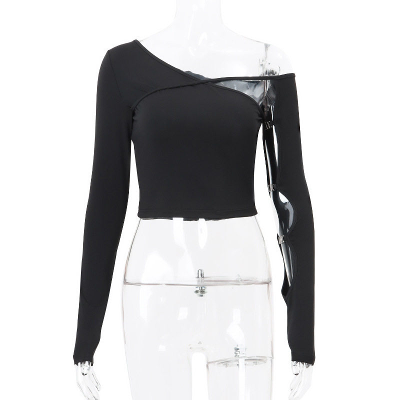 Womens Long Sleeve T Shirt Sexy Irregular Asymmetrical Neckline Hollow Out Design Slim Fit Autumn Fashion