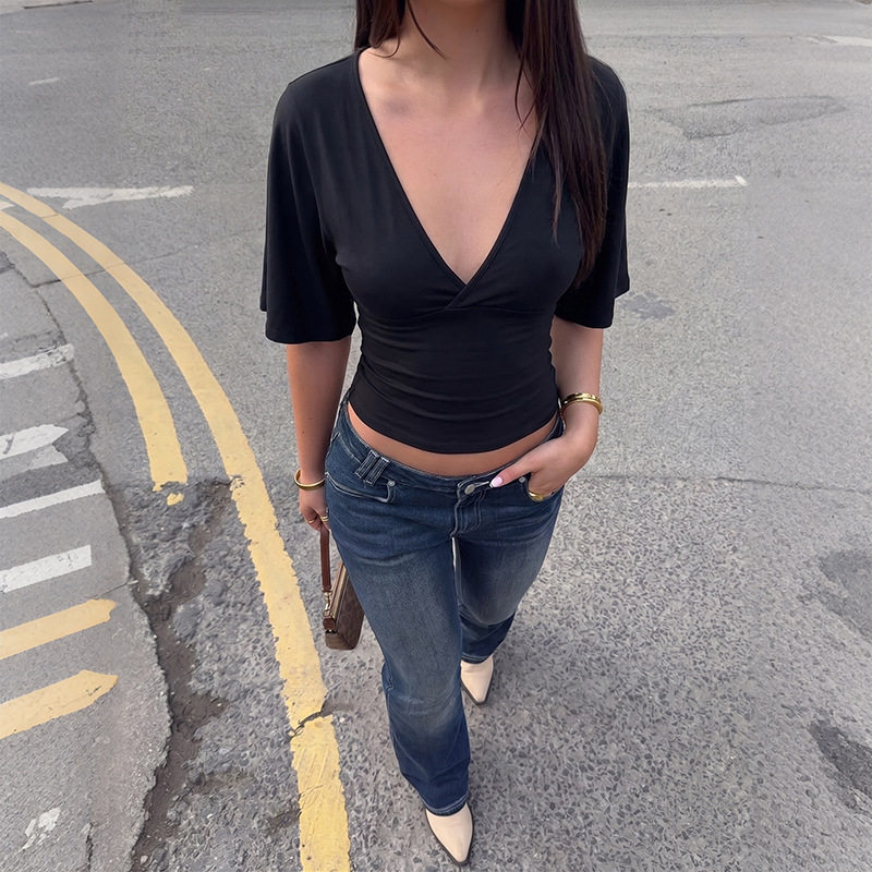Womens Summer T Shirt Solid Color Slim Fit Deep V Neck Short Sleeve Versatile Casual Wear Wholesale Available
