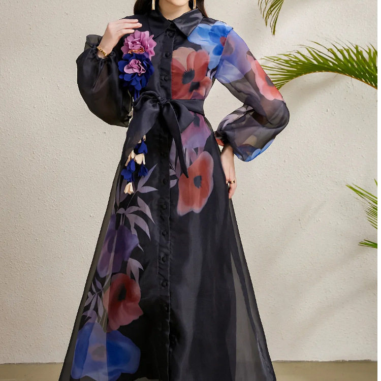 French Court Style Dress Elegant Floral Print Lantern Sleeves Waist Tie Sheer Fabric Perfect for Formal Events