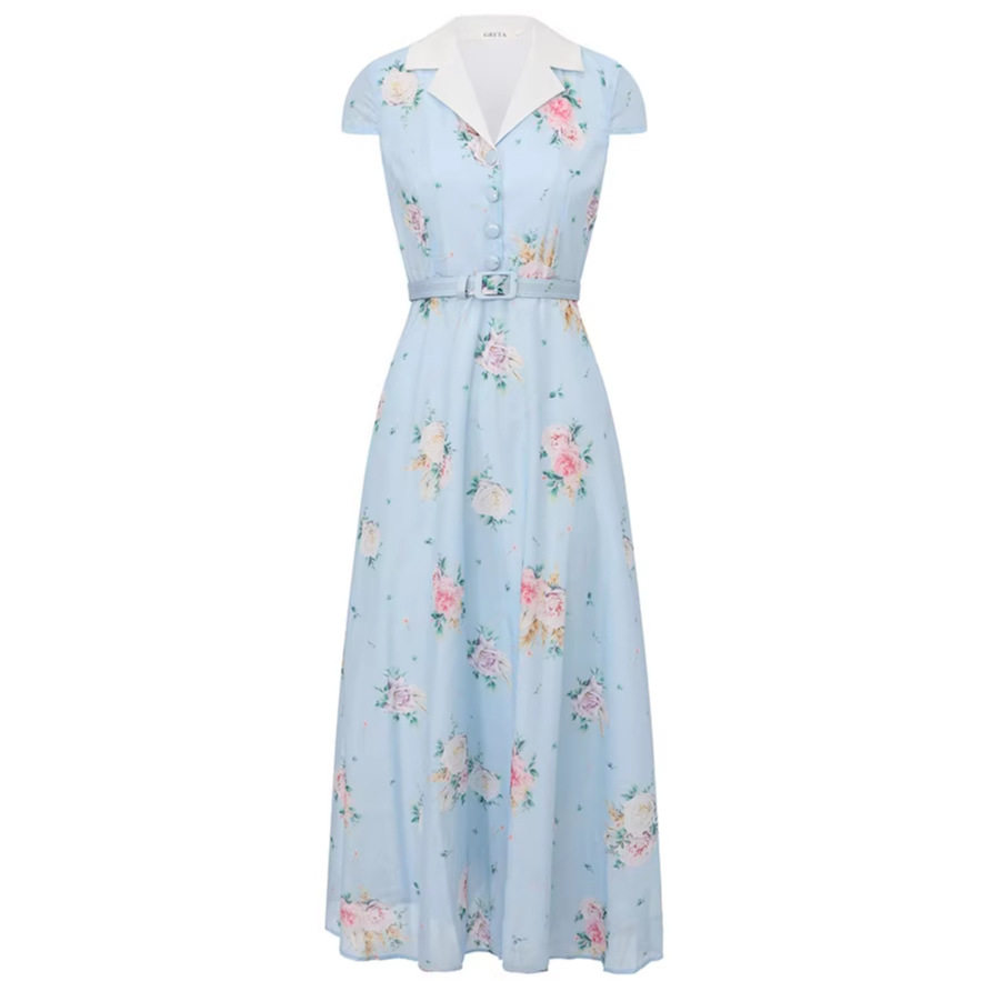 Vintage Floral Sleeveless Dress V Neck Waist Defined A Line Flowy Skirt Summer Vacation Style Wholesale Available