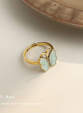 小众新中式滴油蝴蝶戒指设计感抹黑做旧食指戒复古时尚国潮指环