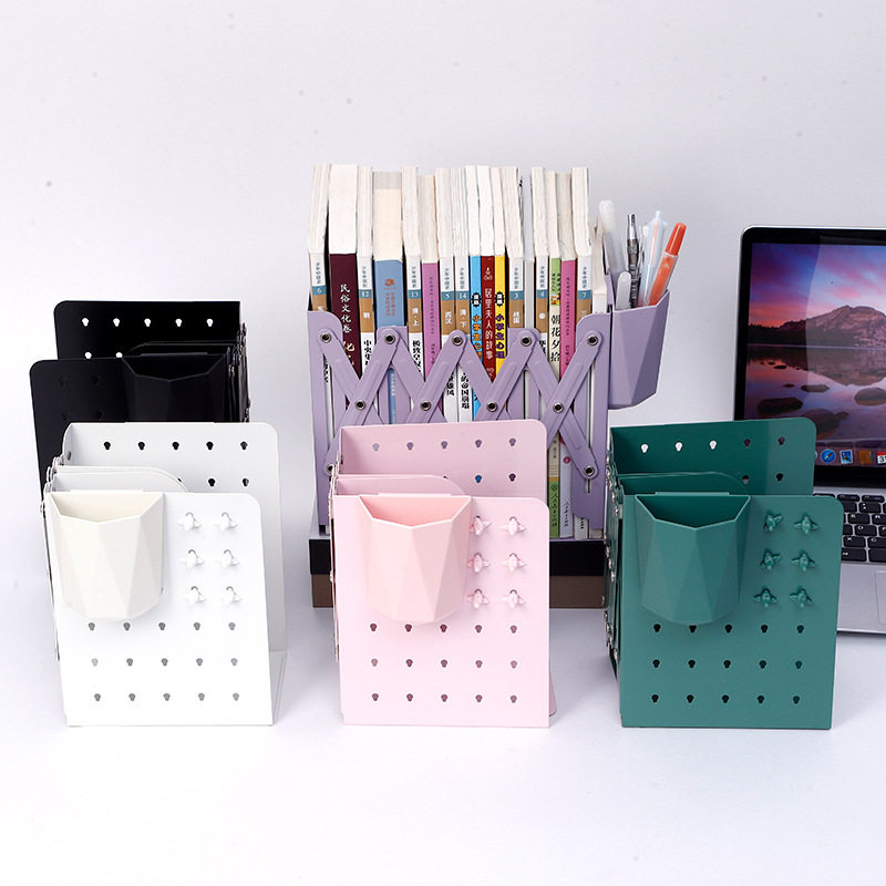 Hole-Type Bookend with Pen Holder, Student Multi-Functional Desk Bookshelf, Creative Simple Bookend, Retractable Bookend