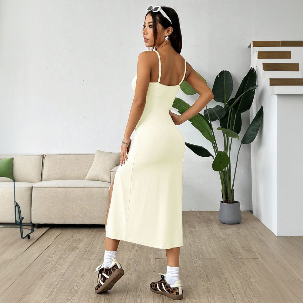 Womens Casual High Waisted Split Midi Dress Simple Design Adjustable Straps Slim Fit Spring Summer Collection