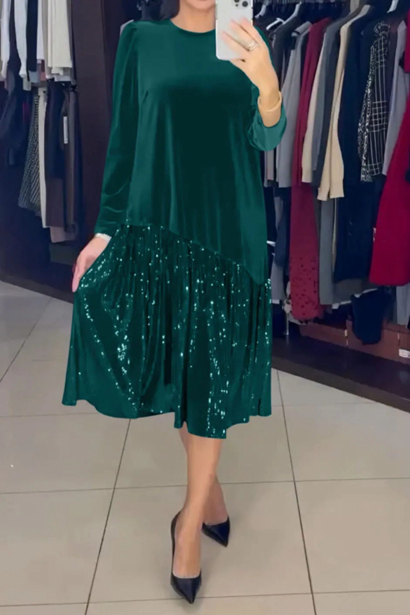 Long Sleeve Sequin Hem Dress Solid Color Round Neck Casual Style Perfect for Winter Events Wholesale Available