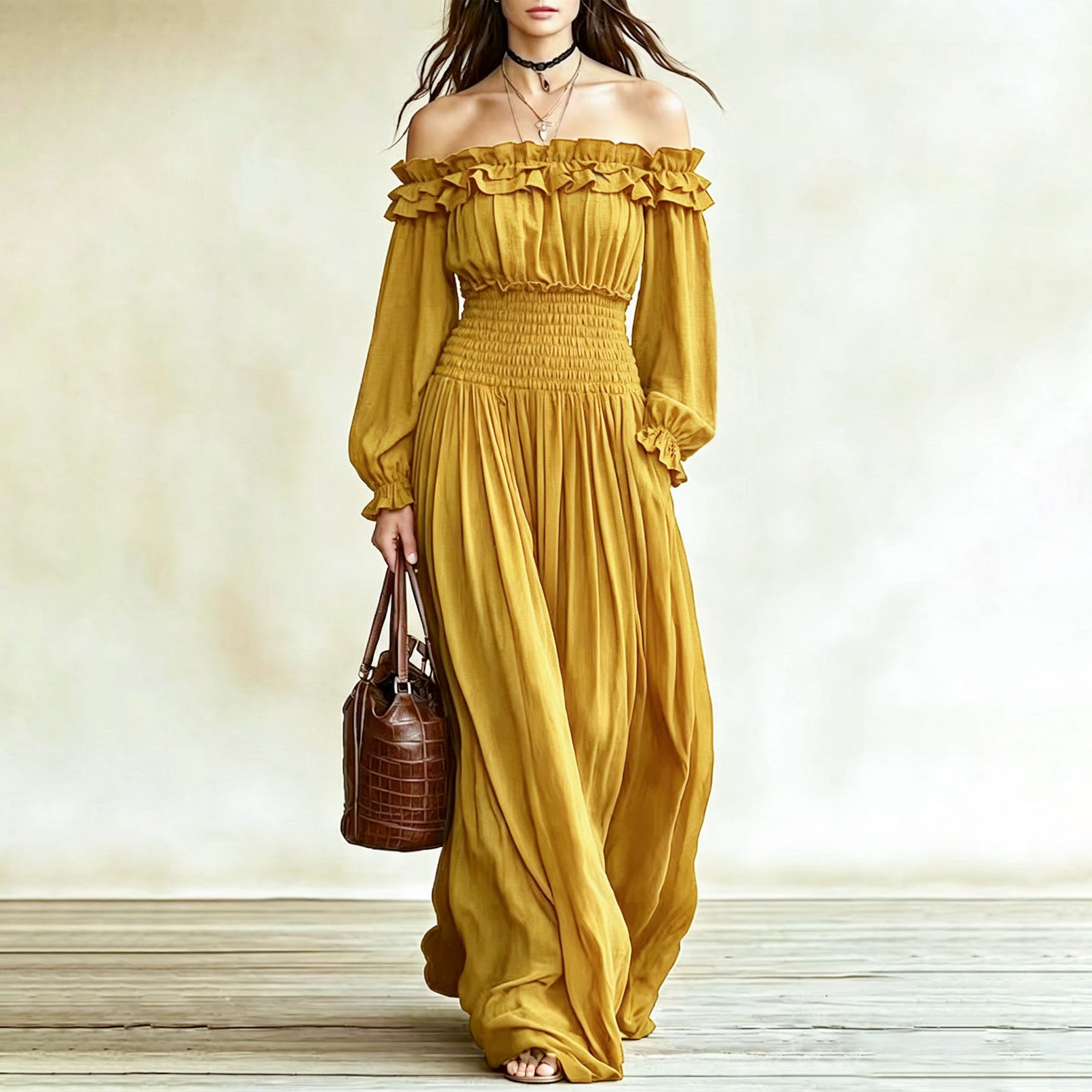 Off Shoulder Ruffled Long Sleeve Dress Waist Defining Autumn Fashion Elegant for Parties and Events Wholesale