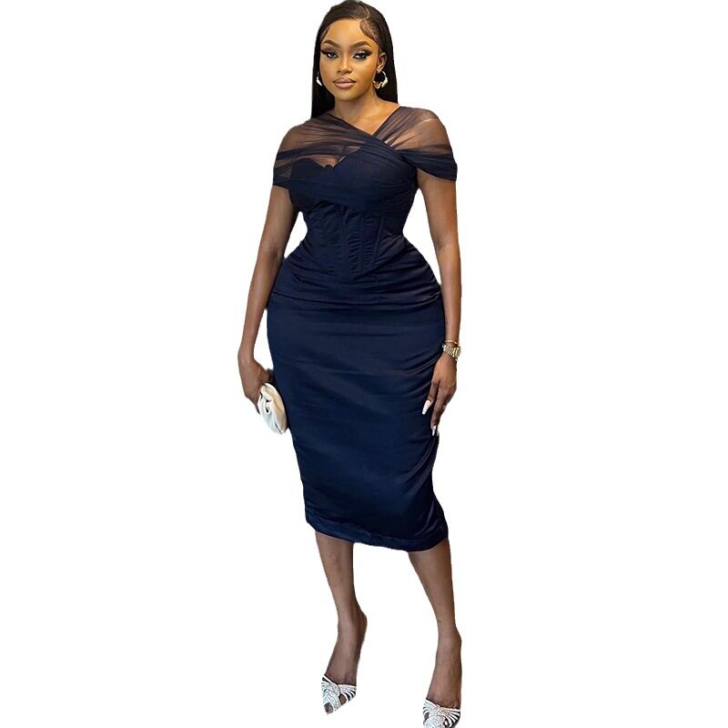Short Sleeve Bodycon Dress Solid Color Sheer Mesh Panels Mid Length Slim Fit Casual or Evening Wear Wholesale