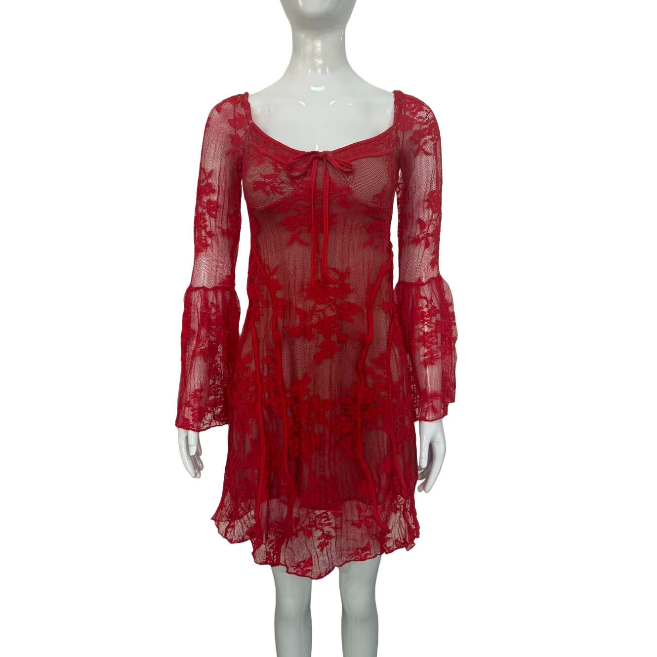 Womens Lace Flare Sleeve A Line Dress Elegant Slim Fit Stylish Design Perfect for Autumn Events Wholesale Available
