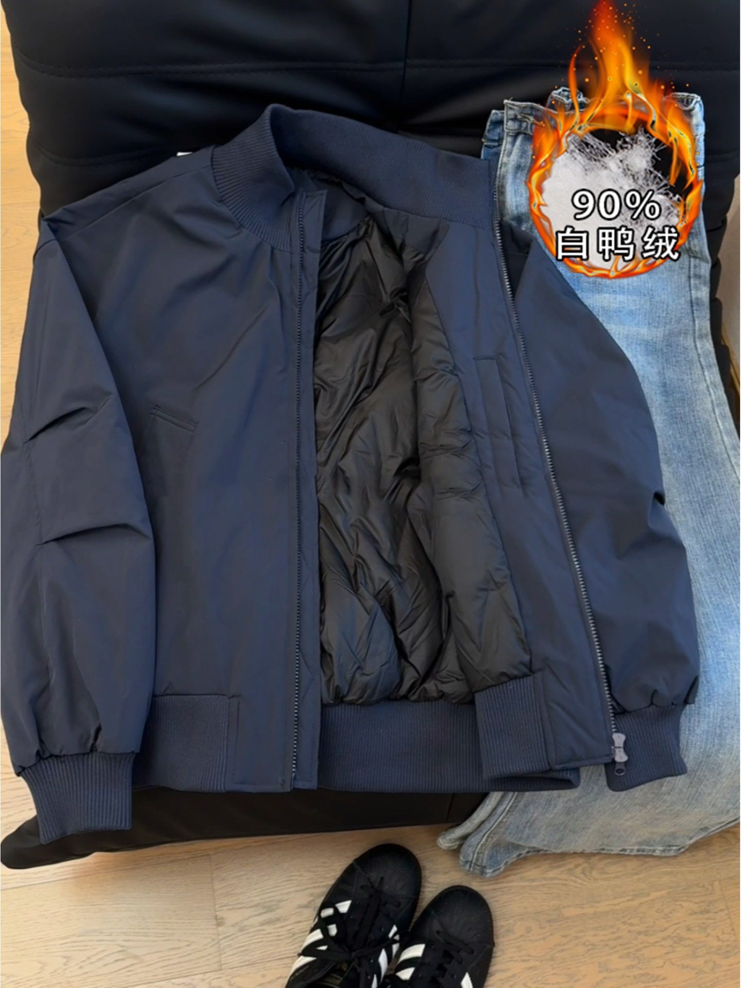 Navy Blue White Duck down Winter Jacket American Bomber Jacket Women's down Jacket Men's Stand Collar Short Style