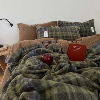 Ins Style Winter Fleece-Lined Thickeneded Warm Milk Velvet Four-Piece Imitation Cashmere Plaid Quilt Cover Bedding Three-Piece Set