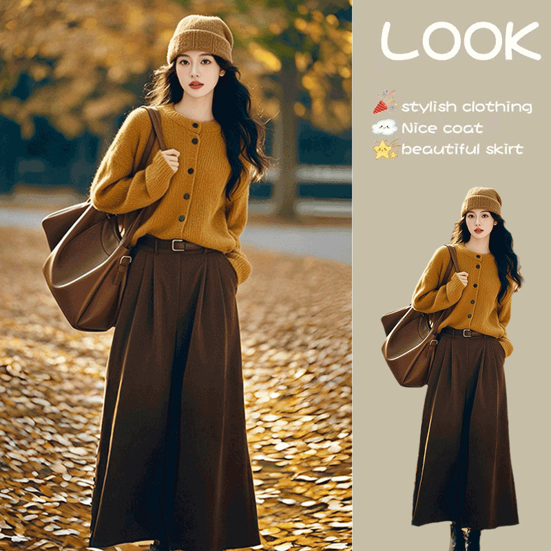 Korean Style Fashionable Lazy Style Loose Knitwear 2025 Autumn and Winter New Style Beautiful Skirt High-End Suit Women's Clothing