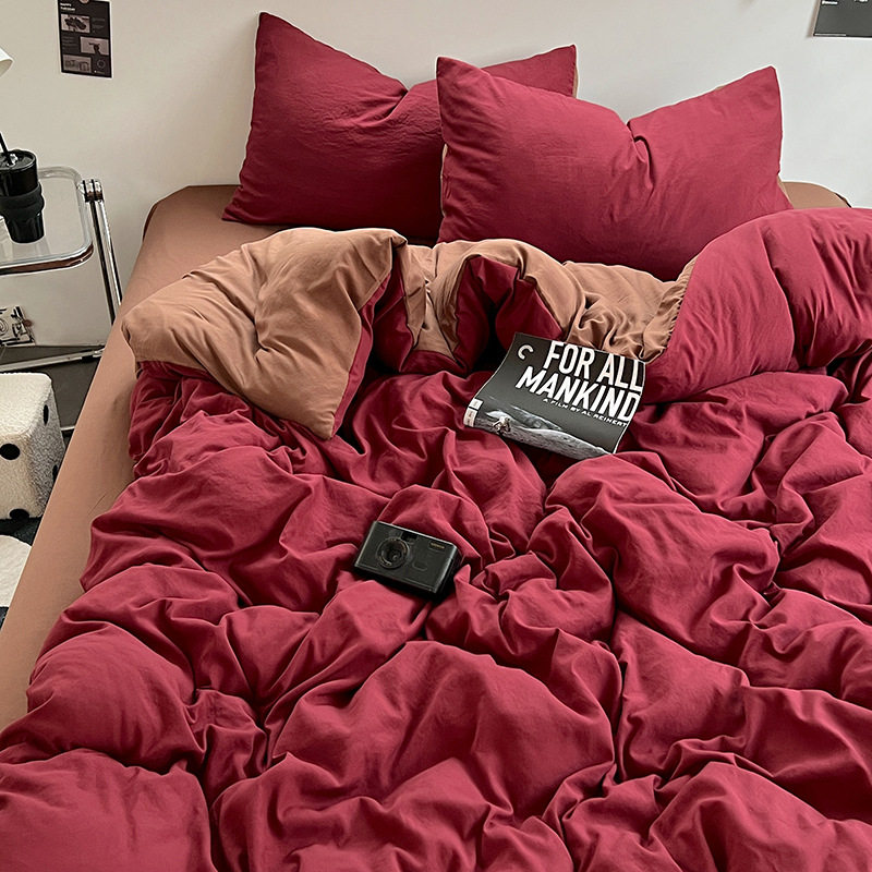 Ns Pure Color Double Wash Cotton Bed Four-Piece Set, Skin-Friendly and Naked Sleeping Bed Bed Sheets Quilt Cover Student Three-Piece Set