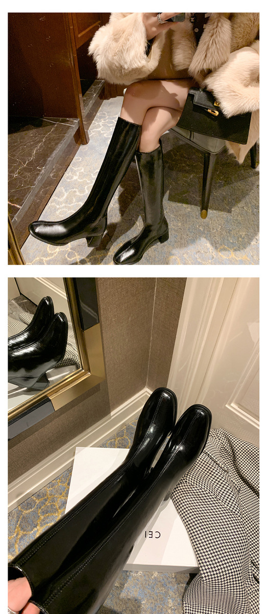 Boot nữ cổ cao ôm bắp chân da bò mũi tròn gót vuông — Màu be lót nhung bên trong, Màu đen lót heo, Màu đen lót nhung, Màu xám lót lợn