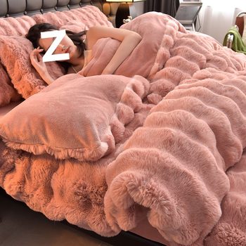 Thickened Rabbit Plush Bed Four-Piece Set Milk Velvet Coral Velvet Bed Bed Sheets Quilt Cover Three-Piece Set Flannel Double-Sided Velvet
