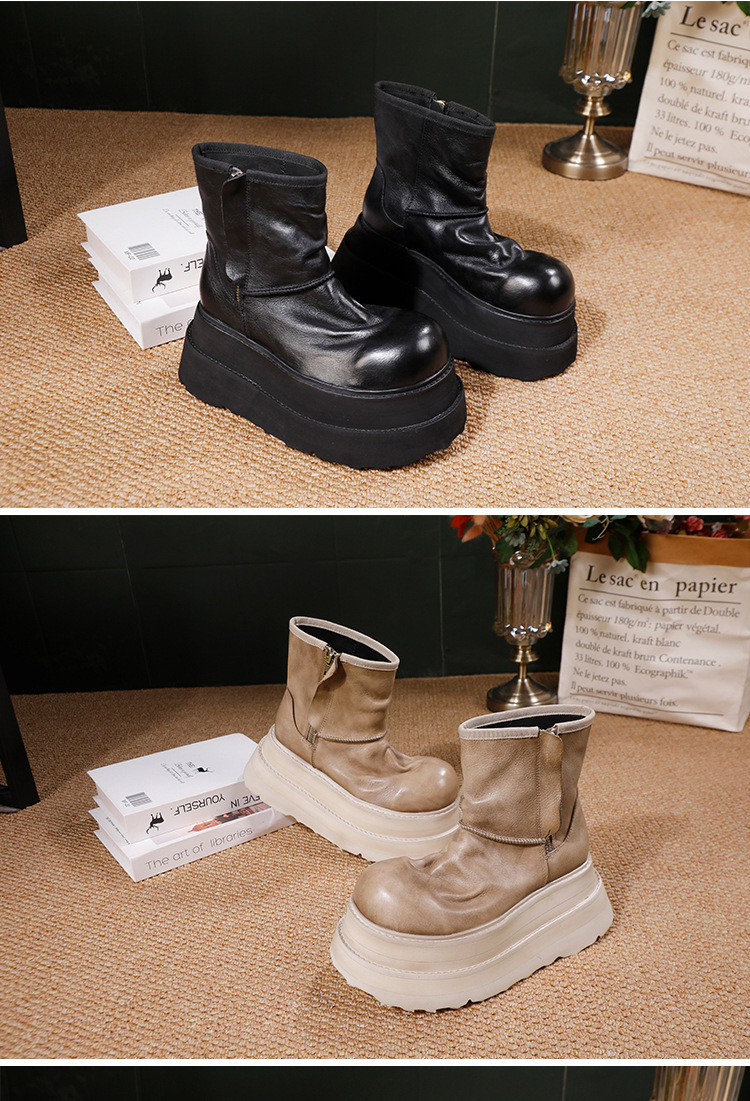 Boot nữ cổ thấp đế dày da bò đầu lớp lót da cừu tăng chiều cao — đen, quần kaki