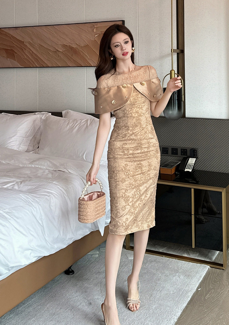 Đầm ôm body nữ dự tiệc ren tay ngắn cổ tròn cao eo — [Màu champagne] chi tiết 10