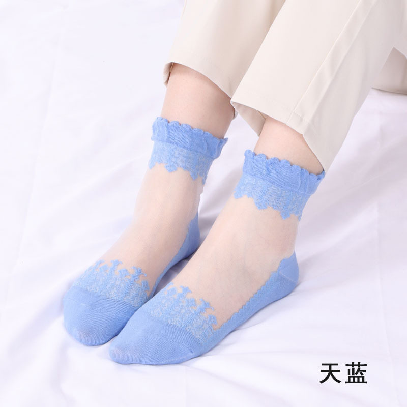 春季薄款中筒袜棉底玻璃丝袜子女蕾丝花边短款袜子防滑透气水晶袜
