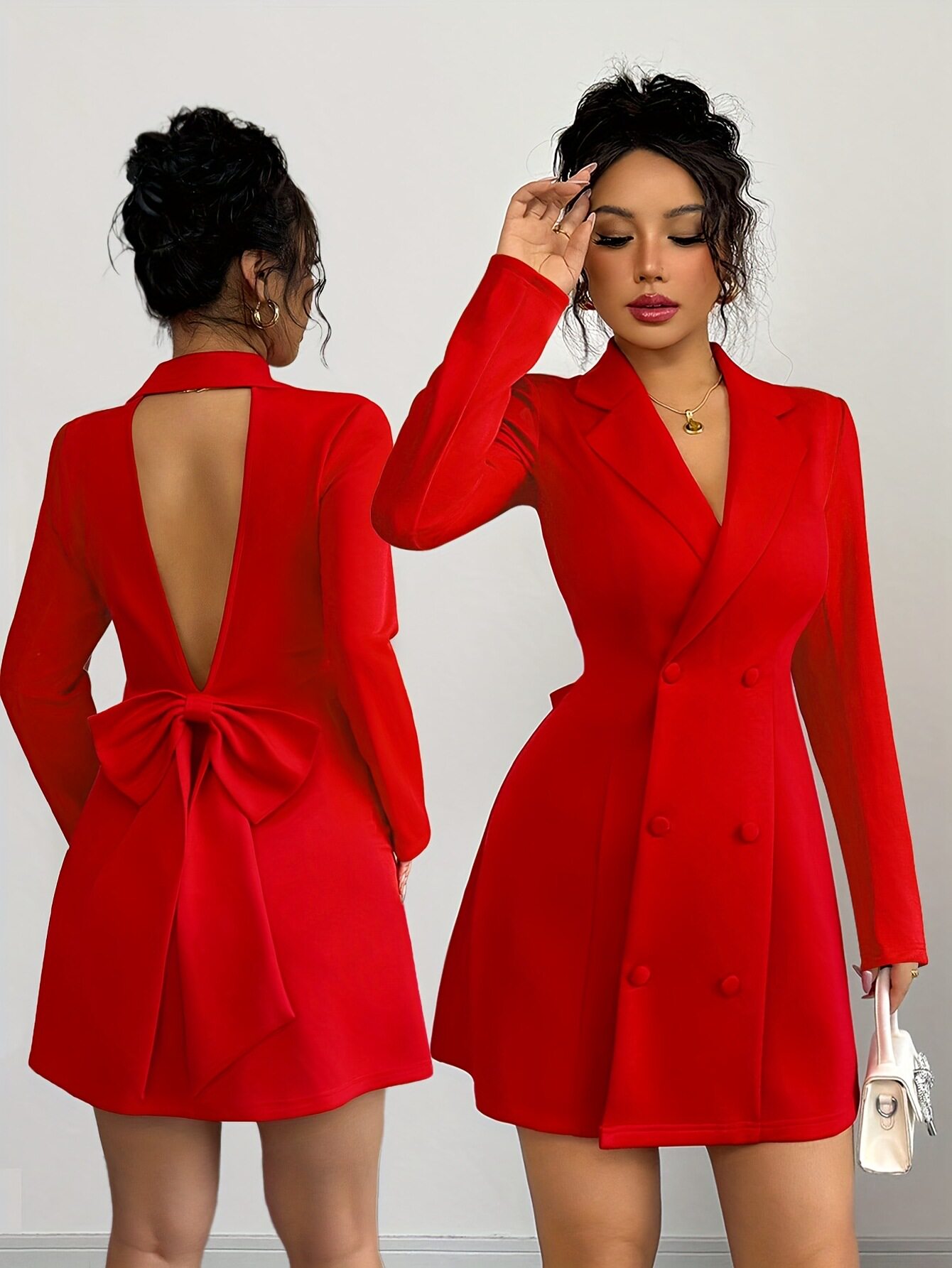 double-breasted V-neck backless big bow long-sleeved short dress