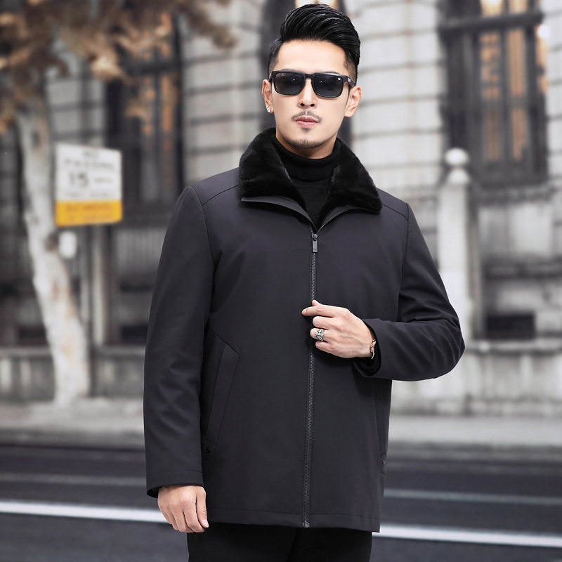 Áo Khoác Parka Nam Lót Lông Chồn Toàn Thân Dáng Dài Trung Niên Phong Cách Doanh Nhân Màu Đen