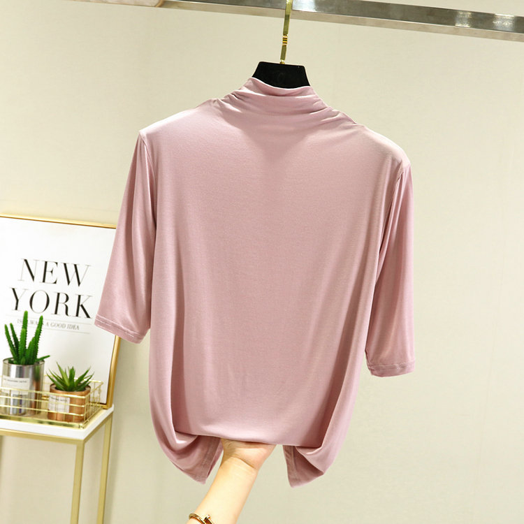 早秋新款纯色基础半高领中袖打底衫女莫代尔棉百搭五分袖T恤上衣
