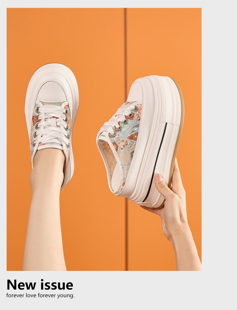 Sandal cao gót nữ hở mũi quai ngang đế dày, gót siêu cao 8 cm, phong cách thể thao — Trắng, Bạch kim chi tiết 12