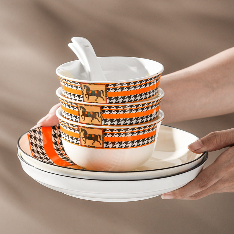 Horse Retro Style Ceramic Tableware Bowl and Chopsticks suit Light Luxury Gift Boxed Wedding Accompanying Gift Opening Festival housewarming