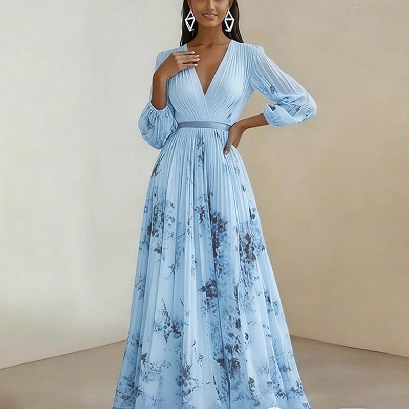 Womens Summer Dress Elegant V Neck Floral Print Waist Defined Perfect for Casual Outings or Parties Wholesale