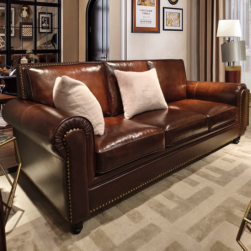 大巴顿美式沙发真皮复古意大利头层牛皮客厅2025新款棕色家具组合
