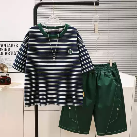 Striped T-shirt Summer New 2025 Fashion Brand Short Round Neck Top with Same Color Shorts Big Boy's Wear