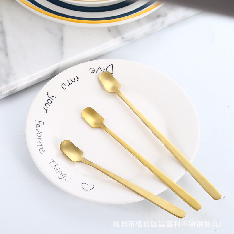 Stainless Steel Long Handle Sakura Spoon Golden Rose Spoon Accompanying Ceremony ins Tremella Spoon Stirring Square Head Spoon Leaf Spoon