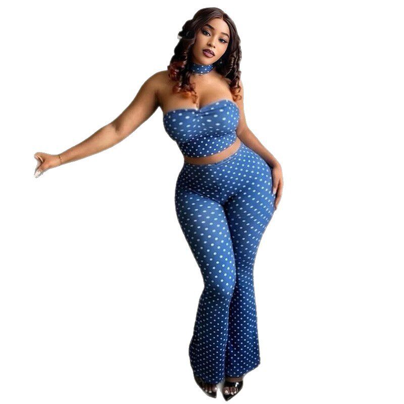 Polka Dot Two Piece Set Sexy Crop Top Wide Leg Pants Backless Design Yoga Casual Wear Wholesale Available