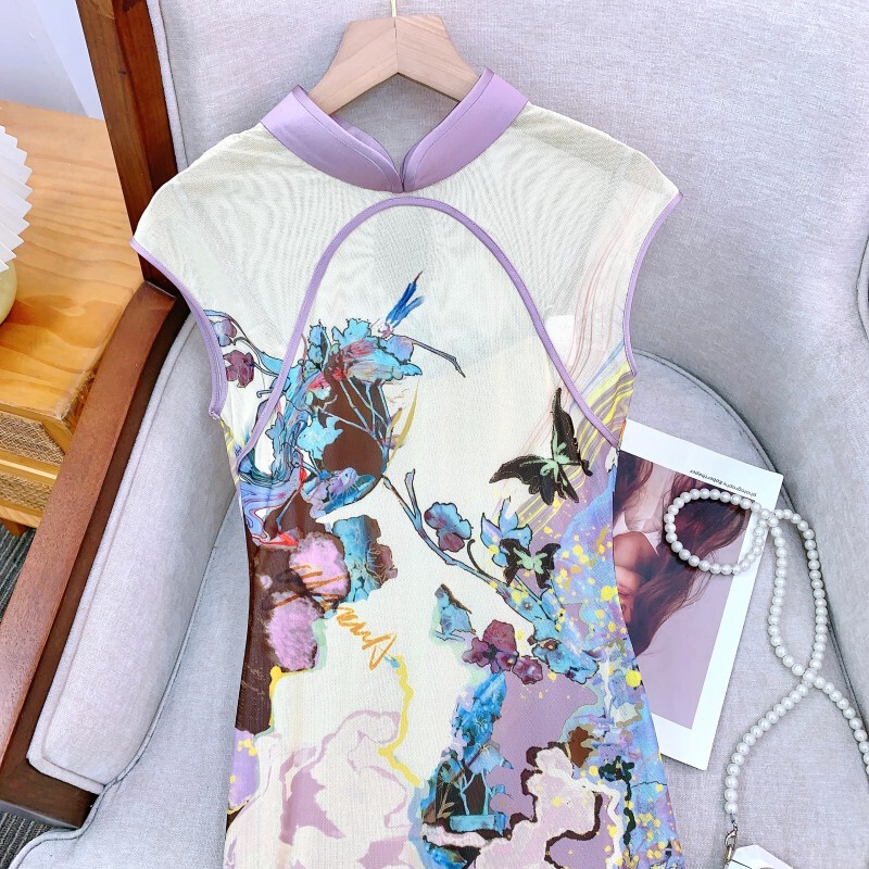 Đầm suông in họa tiết cổ tròn phối hai mặt mặc được, dáng dài trung bình — Màu xanh cam phiên bản thông thường, Phiên bản mở rộng màu vàng tím, Phiên bản mở rộng màu xanh cam, Phiên bản thông thường màu vàng tím