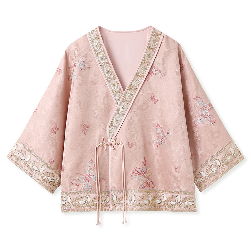 Áo khoác nữ dáng rộng thêu sequin họa tiết hoa cổ chữ V — Màu hồng