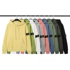 Stone European and American stone long sleeve cross-border terry fleece-lined hooded sweater pullover solid color badge men's and women's lovers island