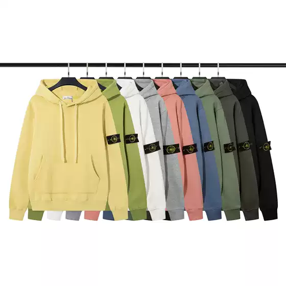 Stone European and American stone long sleeve cross-border terry fleece-lined hooded sweater pullover solid color badge men's and women's lovers island