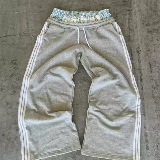 American casual washed sports pants, men's and women's loose wide leg pants, side striped sweatpants, hanging straight leg pants