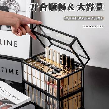 Desktop lipstick storage with lid advanced Internet celebrity dustproof large capacity lip glaze lipstick multi-layer glass storage rack with lid