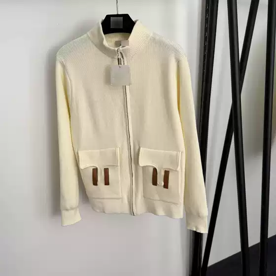 2025 Nanyou Foreign Trade New Style Patchwork Leather H Letter Double Pocket Long Sleeve Stand Collar Knitted Cardigan Zipper Shirt Jacket