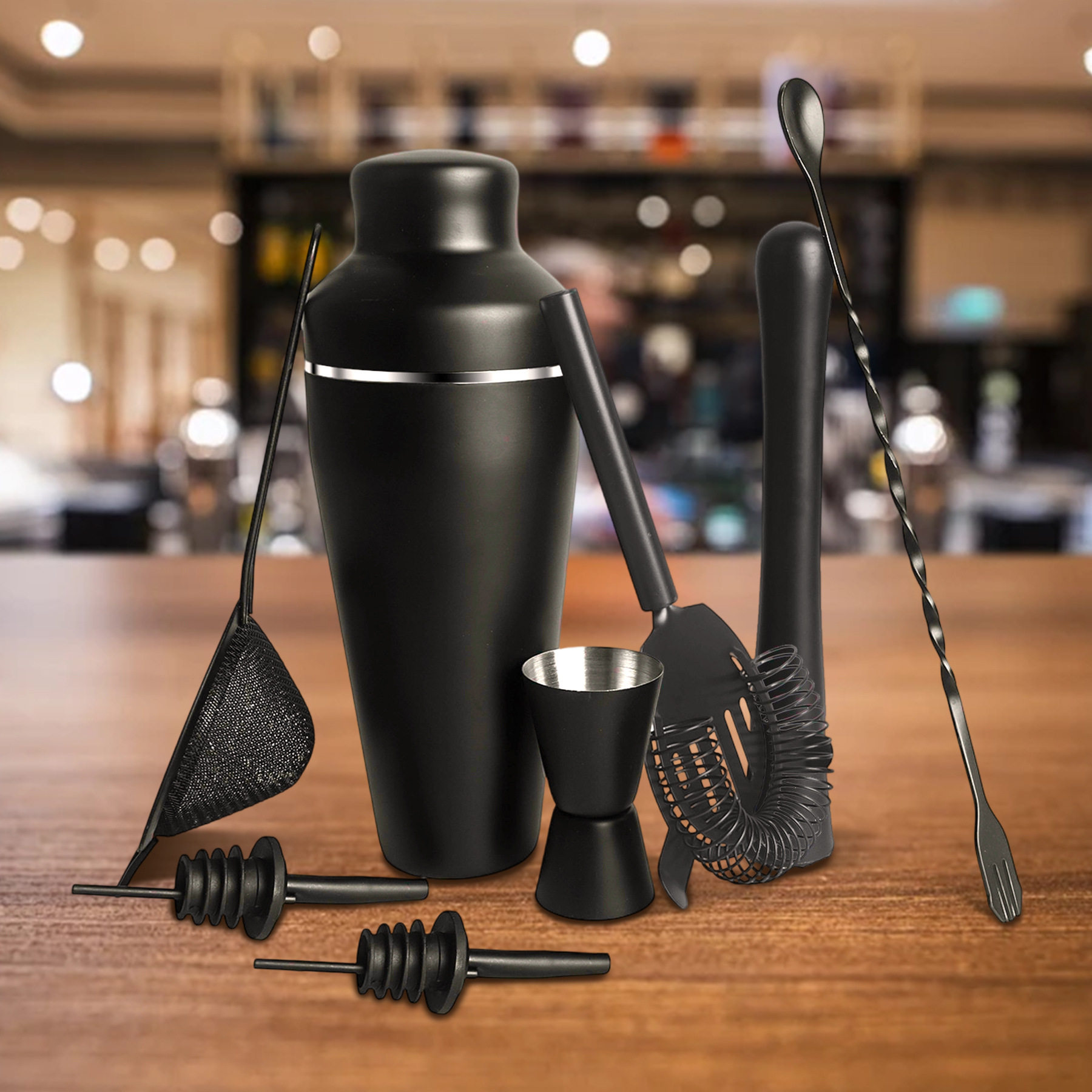 Cross-Border Wine Set Popular Stainless Steel Matte Black Cocktail Shaker 8-Piece Cocktail Bartender Full Tool Set