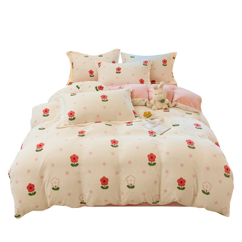 Category a Autumn and Winter Thickeneded Milk Velvet Four-Piece Baby Velvet Bed Sheet Coral Velvet Quilt Cover Warm Winter Velvet Three-Piece Set