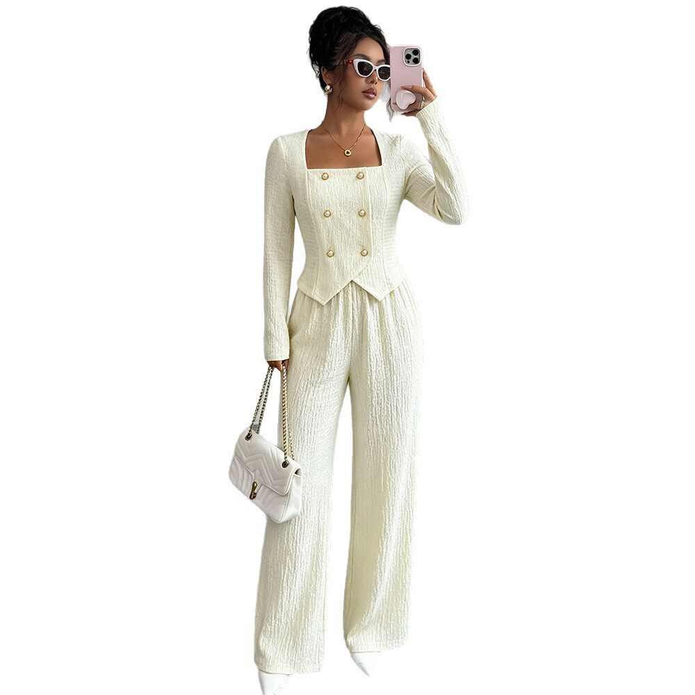 Double Breasted Square Neck Top and Wide Leg Pants Set Tailored Fit Elegant Style Perfect for Office Wear Wholesale