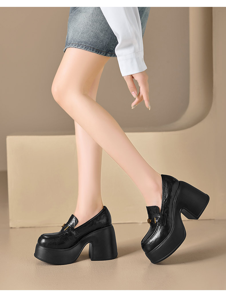 Giày lười nữ đế dày tăng chiều cao, mũi tròn da cừu, gót thô 10cm — màu đen, Màu nâu
