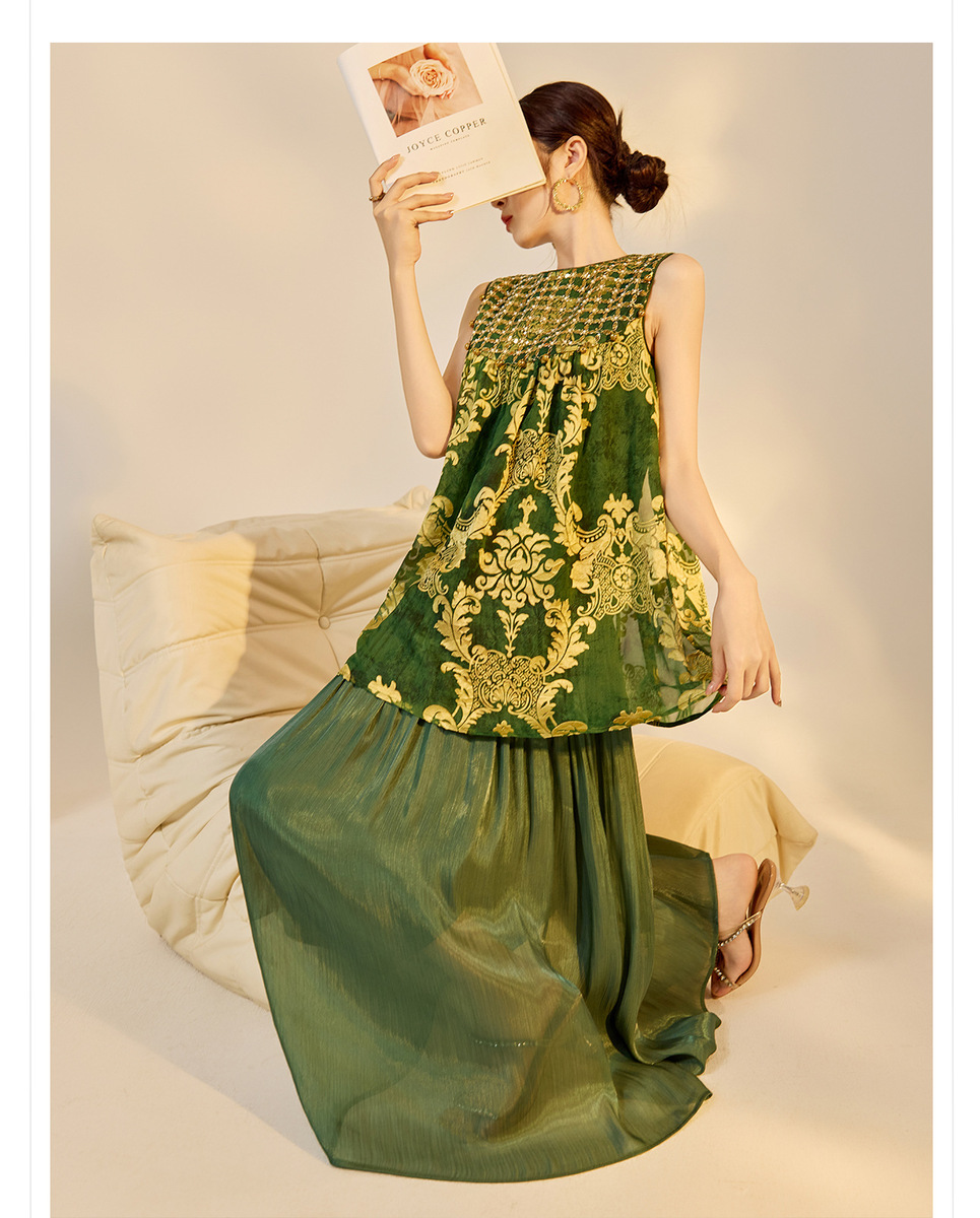 Đầm maxi nữ dài không tay cổ tròn đính cườm thêu hoa dáng tiên nữ — màu vàng kim, Xanh lá cây