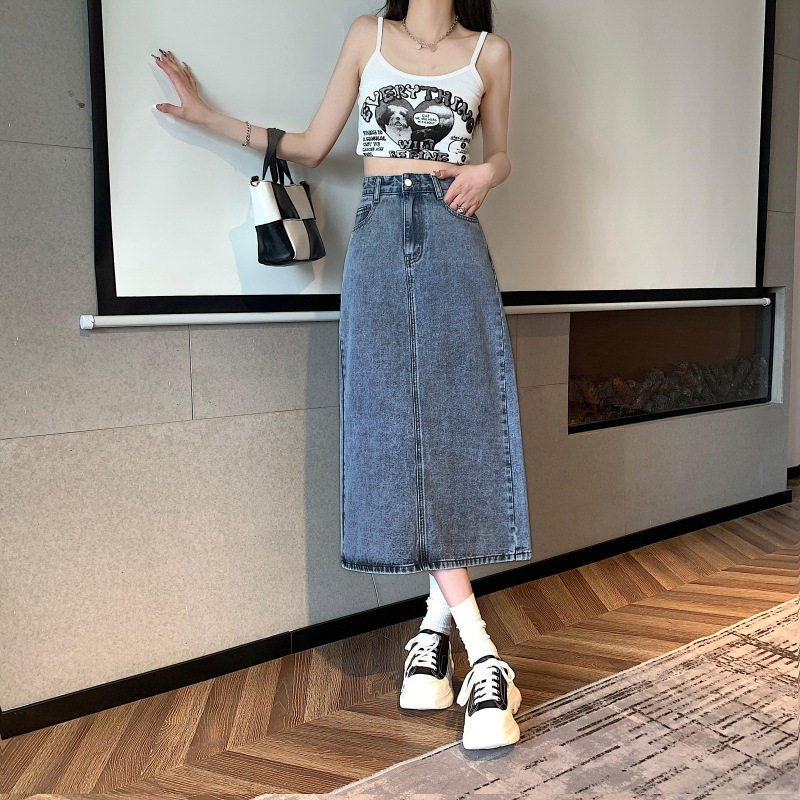 High Waisted Denim Midi Skirt for Women Vintage A Line Slim Fit Bodycon Style Spring Summer Fashion Wholesale