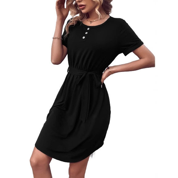 Casual Solid Color Dress Womens Fashion Versatile Style Comfortable Fit Perfect for Daily Wear Wholesale Available