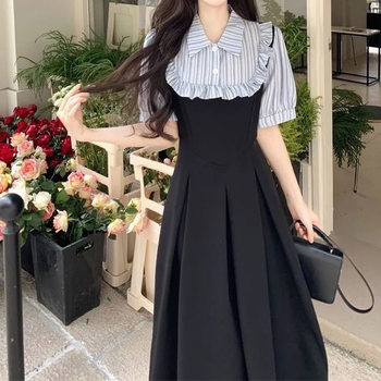Plus Size Preppy Style Fake Two-Piece Splicing Dress Women's Summer Fat mm New Waist Slimming Look A-Line Long Skirt