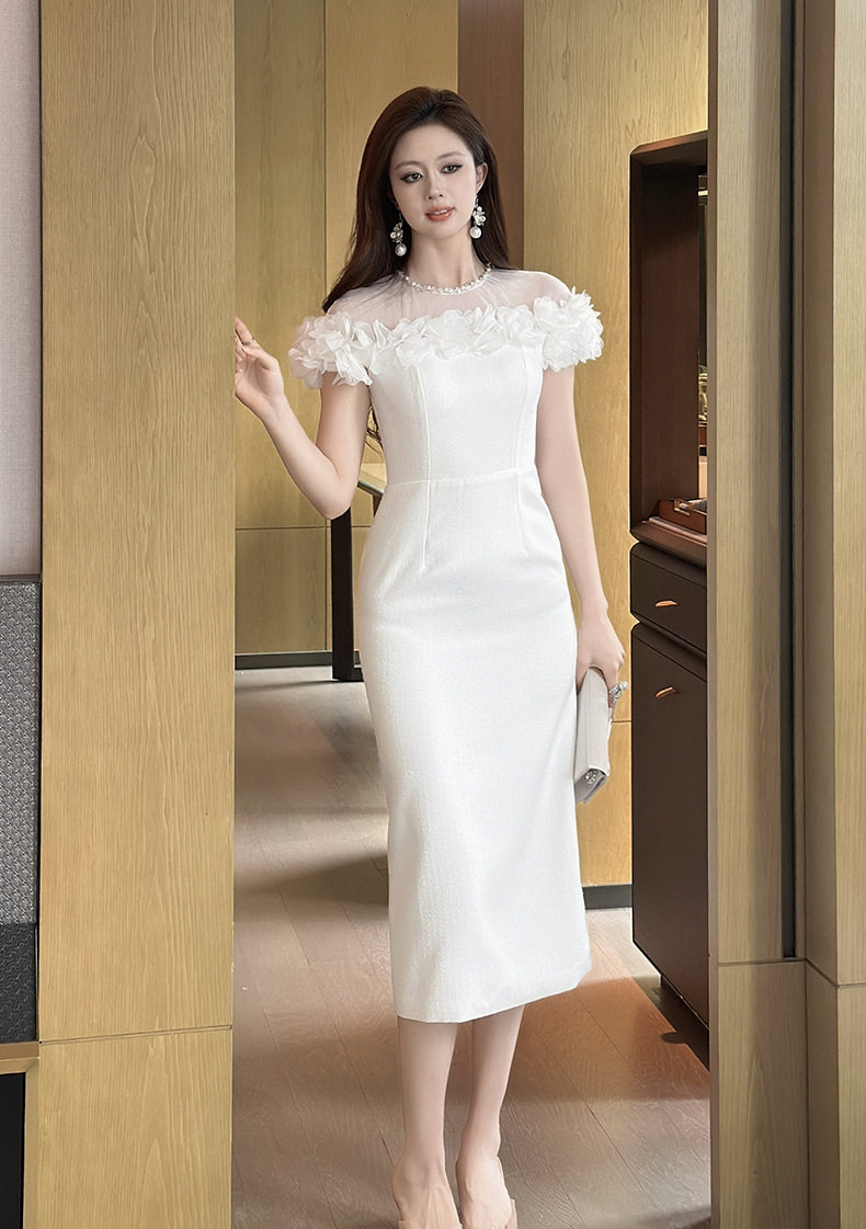 Đầm ôm body nữ trắng tay phồng cổ tròn dáng dài – Thiết kế quyến rũ cho cô dâu và dự tiệc — [Trắng] chi tiết 9
